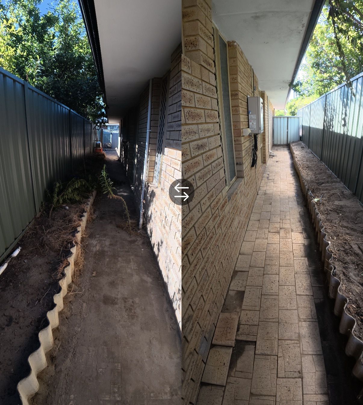 Brick walkway cleaned along the side of a home