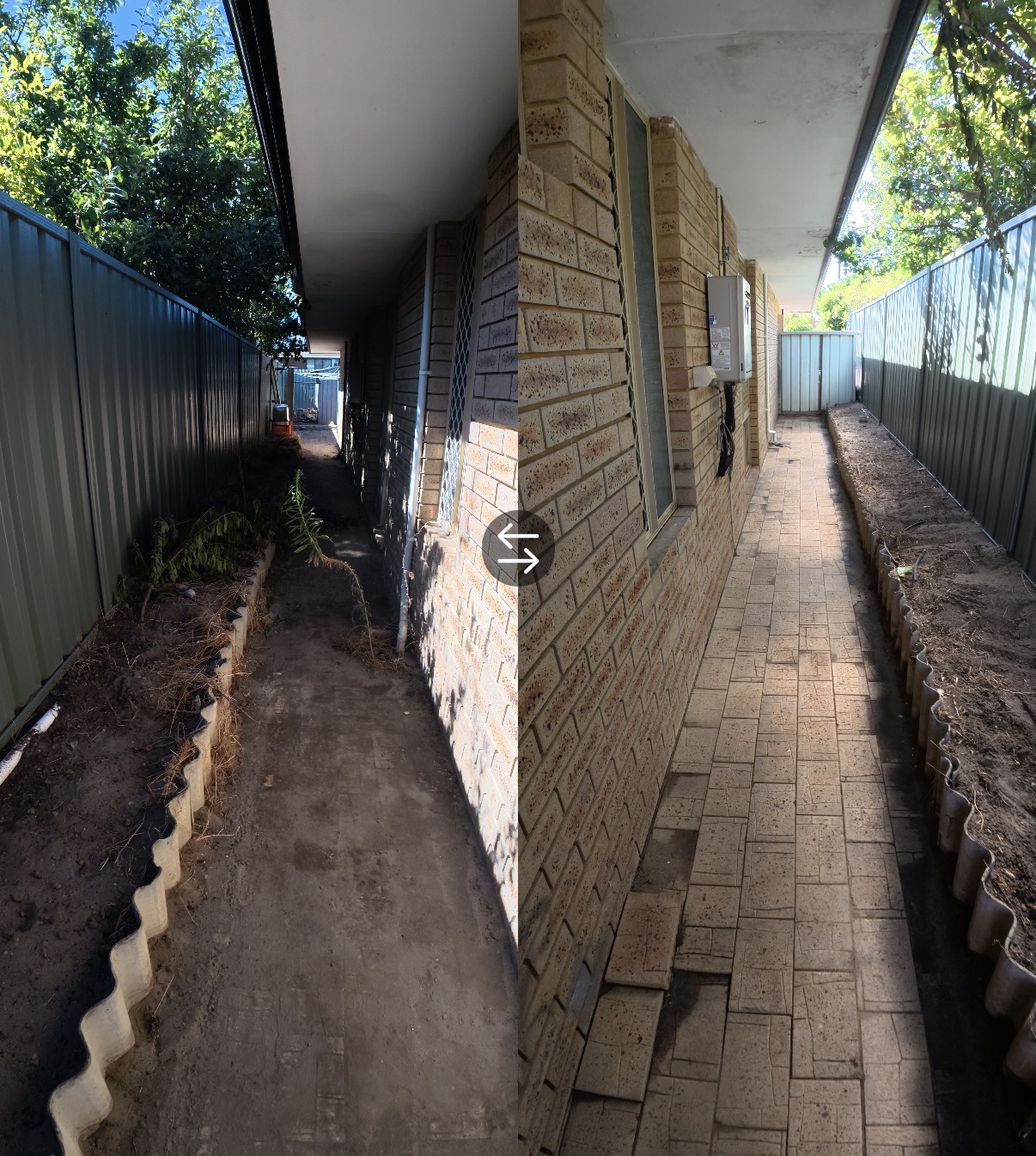 Brick walkway cleaned along the side of a home