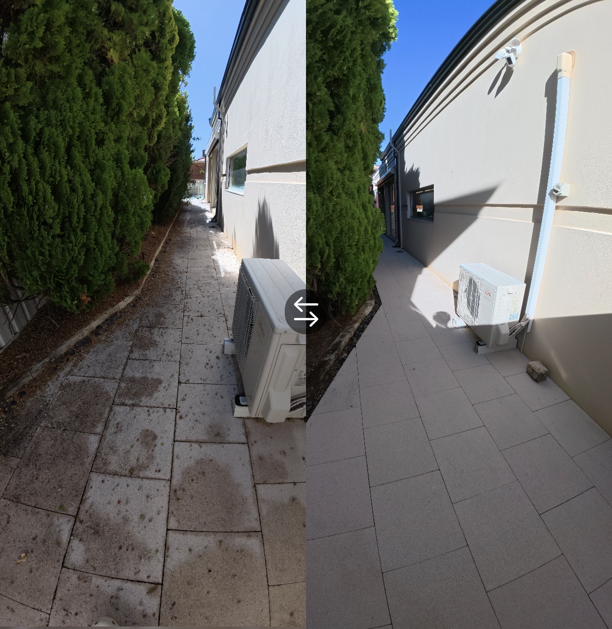 Grimy side path cleaned to like-new